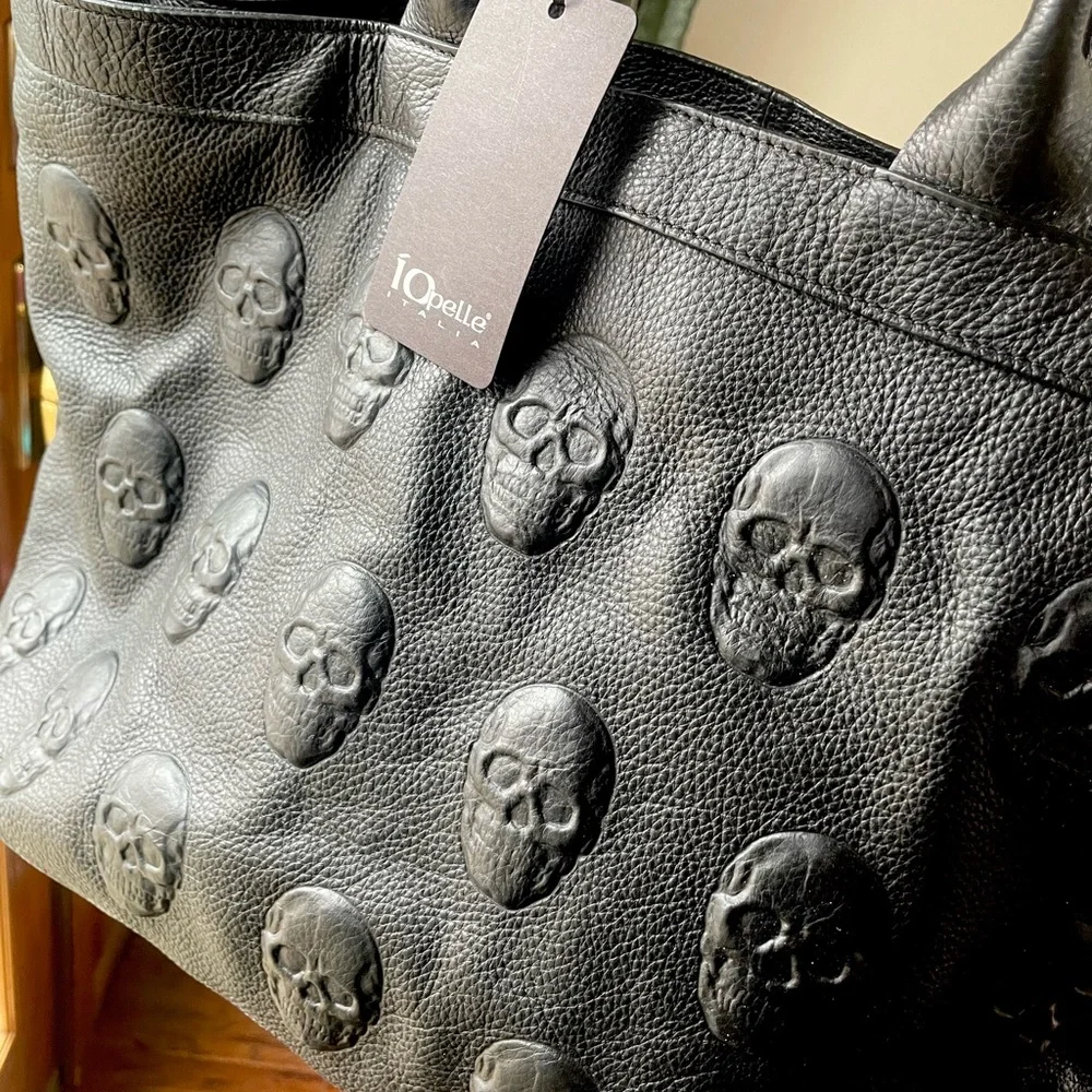 Genuine Leather 3D Black Embossed Skull Tote Bag - Picture 1 of 7